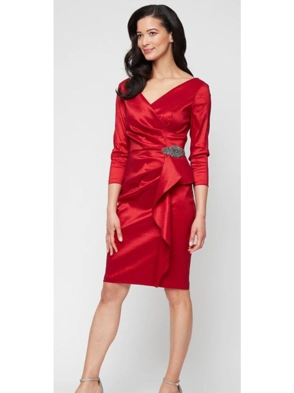 Alex Evenings Red Satin Sheath Dress Size 12 V-Neck 3/4 Sleeve Brooch Cocktail
